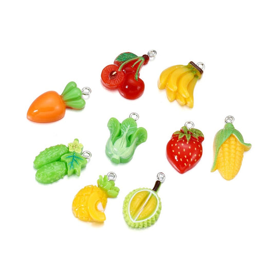 Mixed Fruits Resin Keychain Pendants, 10Pcs