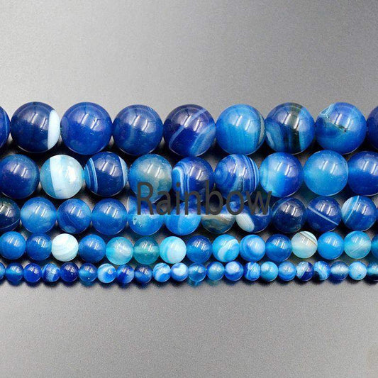 Blue Stripe (Banded) Agate Beads Round 4-12mm, 15.5'' Inch Strand
