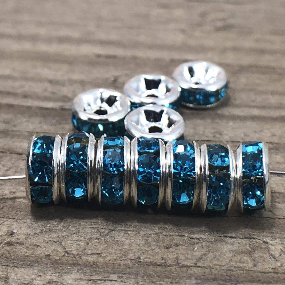 Blue Zircon Czech Crystal Rhinestone Silver Rondelle Spacer Bead, 100pcs 4mm 5mm 6mm 8mm 10mm beadig jewelry making Craft Supplies, Findings