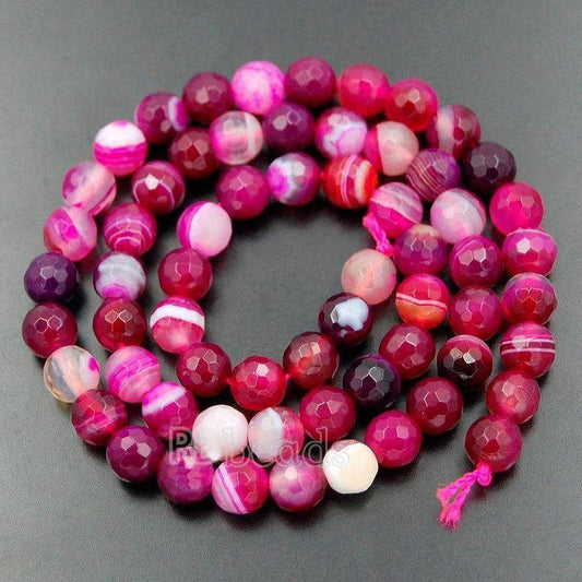 Faceted Pink Magenta Stripe Banded Agate Beads, 6-10mm Round, 15.5 str