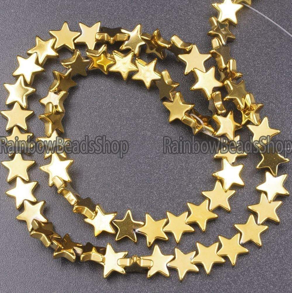 Gold Flat Star Hematite beads, 4- 10mm, 16'' strand