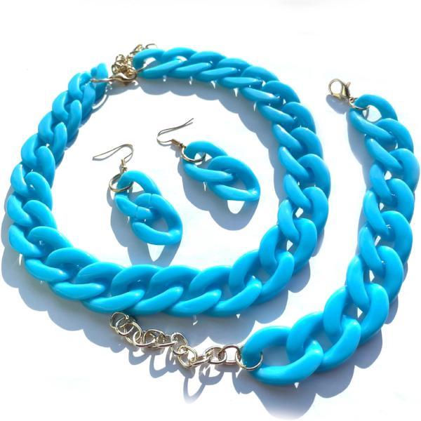 handmade gift for her, Jewelry set - Earring, Necklace, Bracelet, Acrylic Blue Chain Choker, For Women Bijoux Fashion