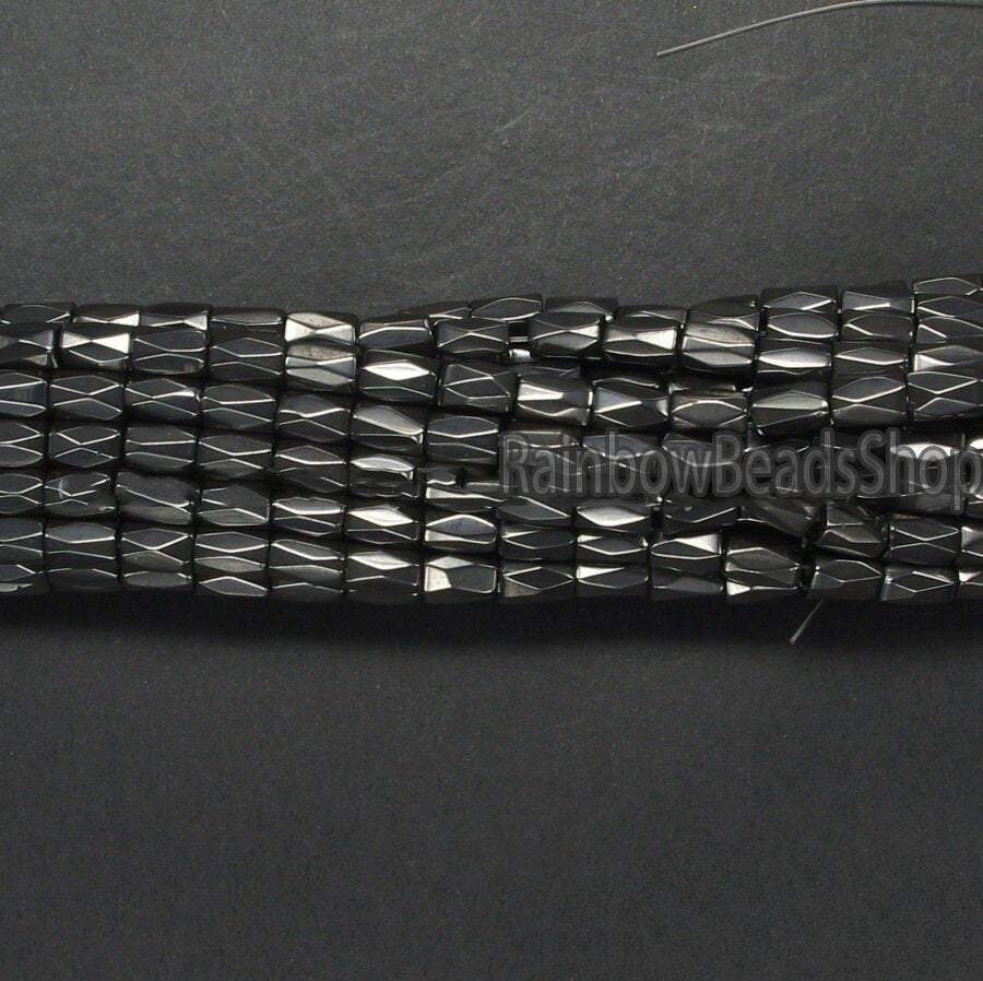 Jet Black Faceted Tube Hematite beads, 100pcs 5x8mm