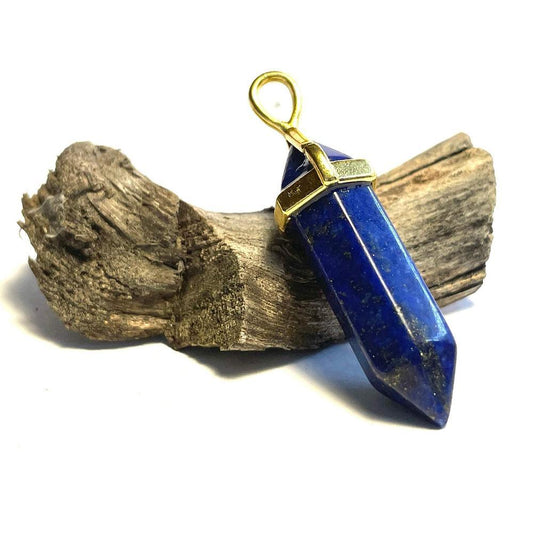 Lapis Hexagonal Pointed Gemstone Pendant, Gold Plated Brass, Crystal Healing Pendant, Boho Hippie Crystal