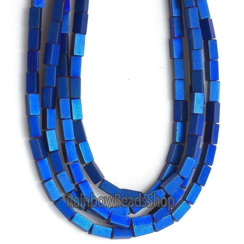 Matte blue hematite rectangle bead 2x4mm, 16'' inch. strand