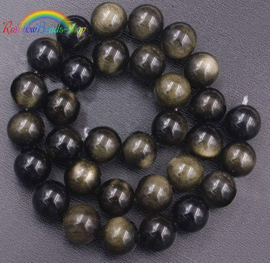 Natural Black Golden Obsidian beads, Round Gemstone, 4-18mm, 15.5''' strand