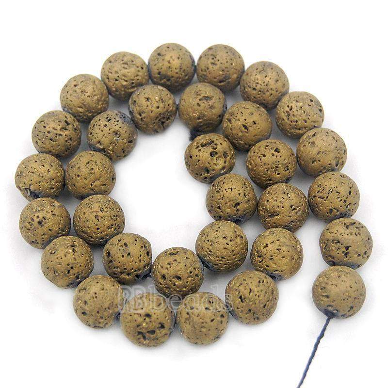 Natural Gold Volcanic Lava Beads Titanium Coated, 4-12mm Round Jewelry Gemstone, 15.5'' strand