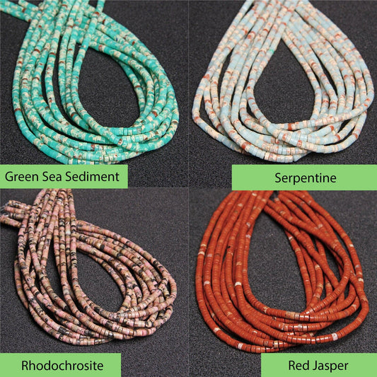 Natural heishi gemstone beads, 4mm disc tyre stone turquoise jasper, semiprecious stones on strand