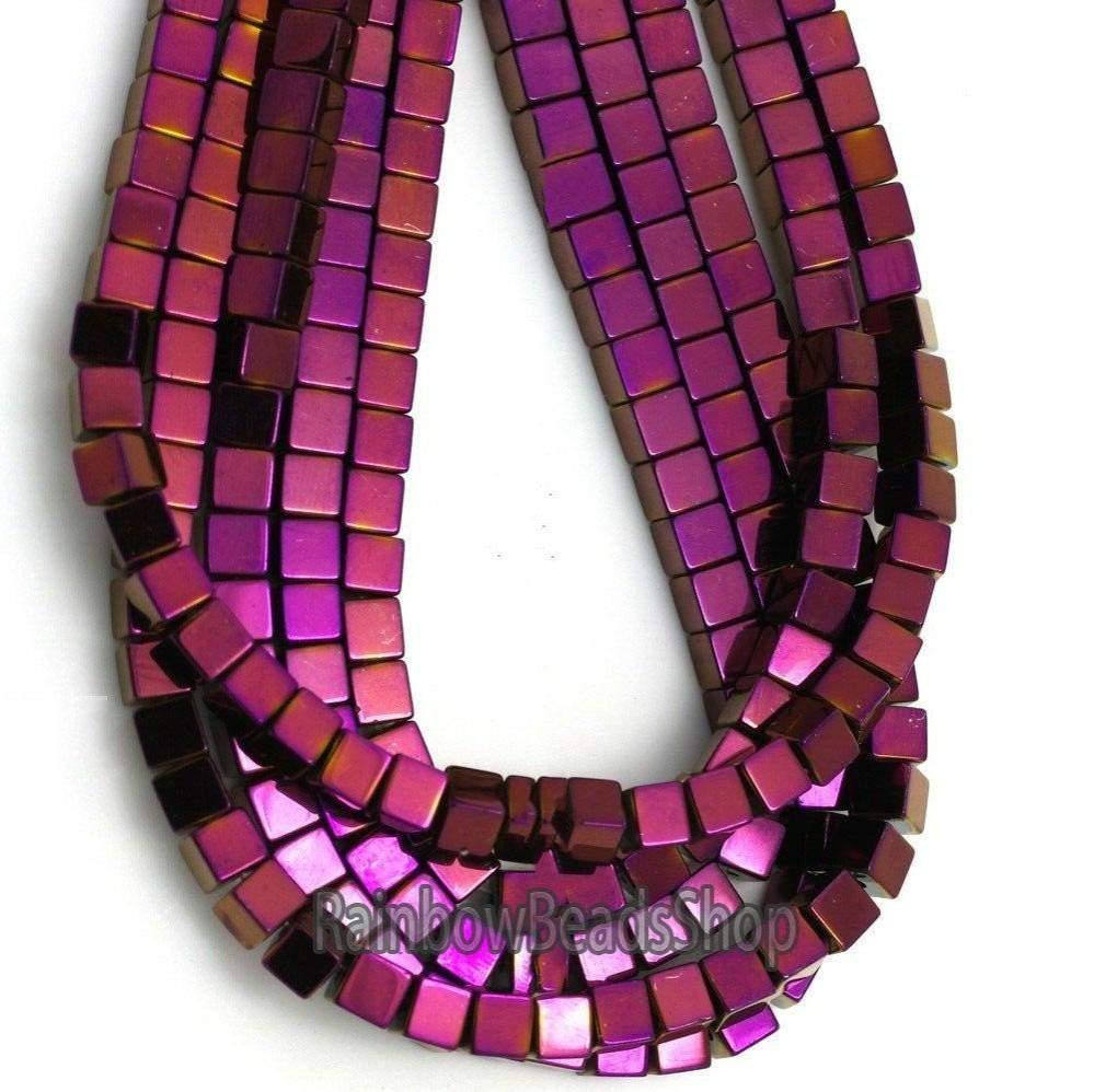 Purple Hematite Square Cube Metallic Beads, 2-4mm, 16'' strand