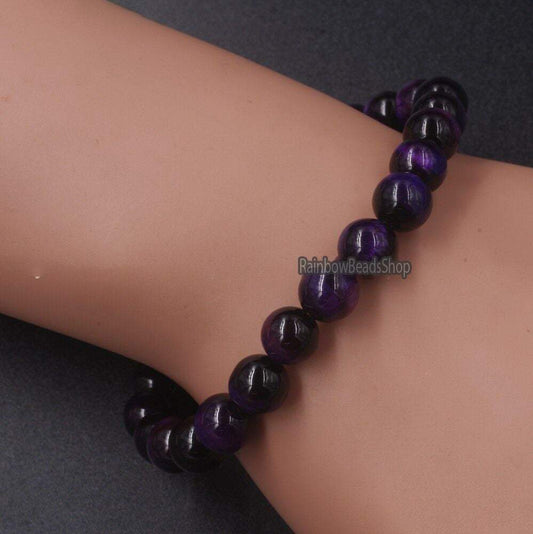 Purple tiger eye gemstone stretch bracelet, 6-12mm