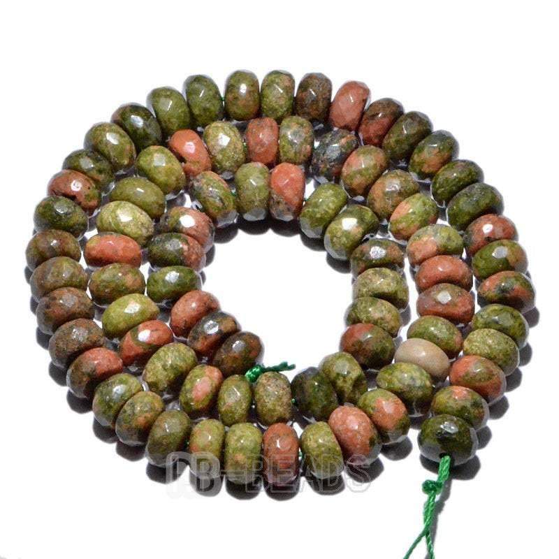 Rondelle Salmon Moss Unakite Jasper Beads, Smooth Matte and Faceted