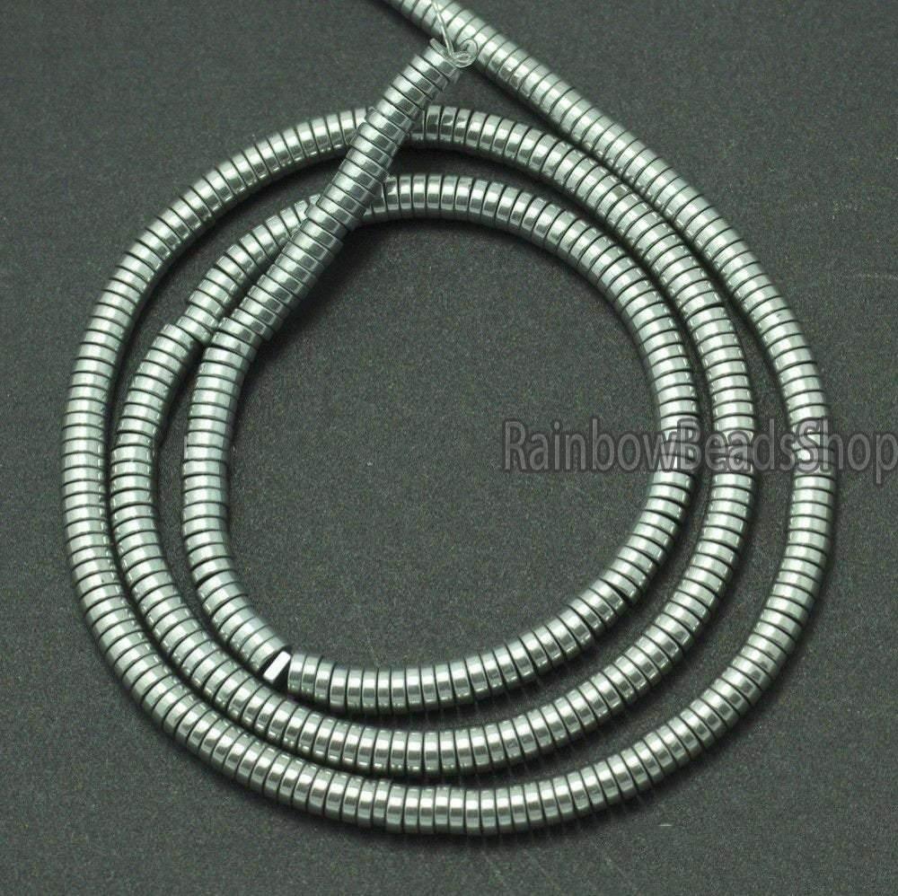 Silver Heishi Coin Hematite Beads, 1-6mm 16'' strand