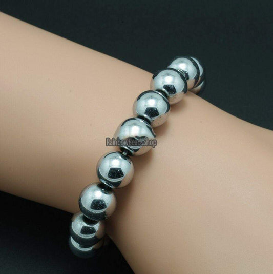Silver hematite gemstone stretch bracelet, 6- 10mm