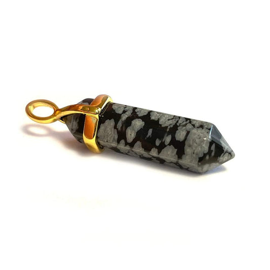Snow Flake Obsidian Hexagonal Pointed Gemstone Pendant, Gold Plated Brass, Crystal Healing Pendant, Boho Hippie Crystal