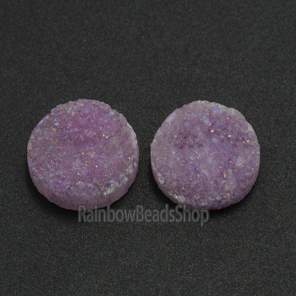 Violet Druzy Quartz Agate Flat Back Connector Cabochon, 2Pcs - 6-20mm