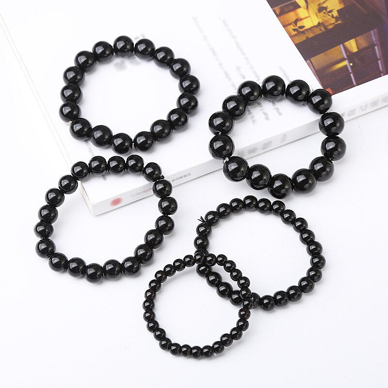 Black Obsidian Gemstone Stretch Bracelet, 4-12mm