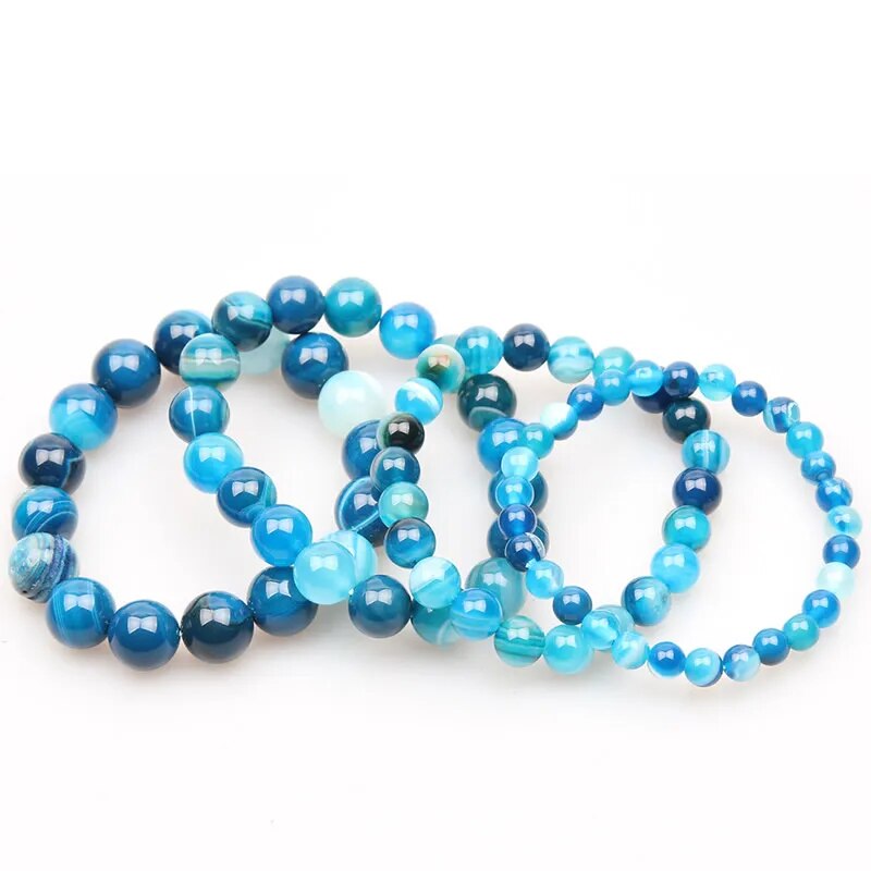Blue Stripe Round Agate Gemstone Bracelet, 6-12mm