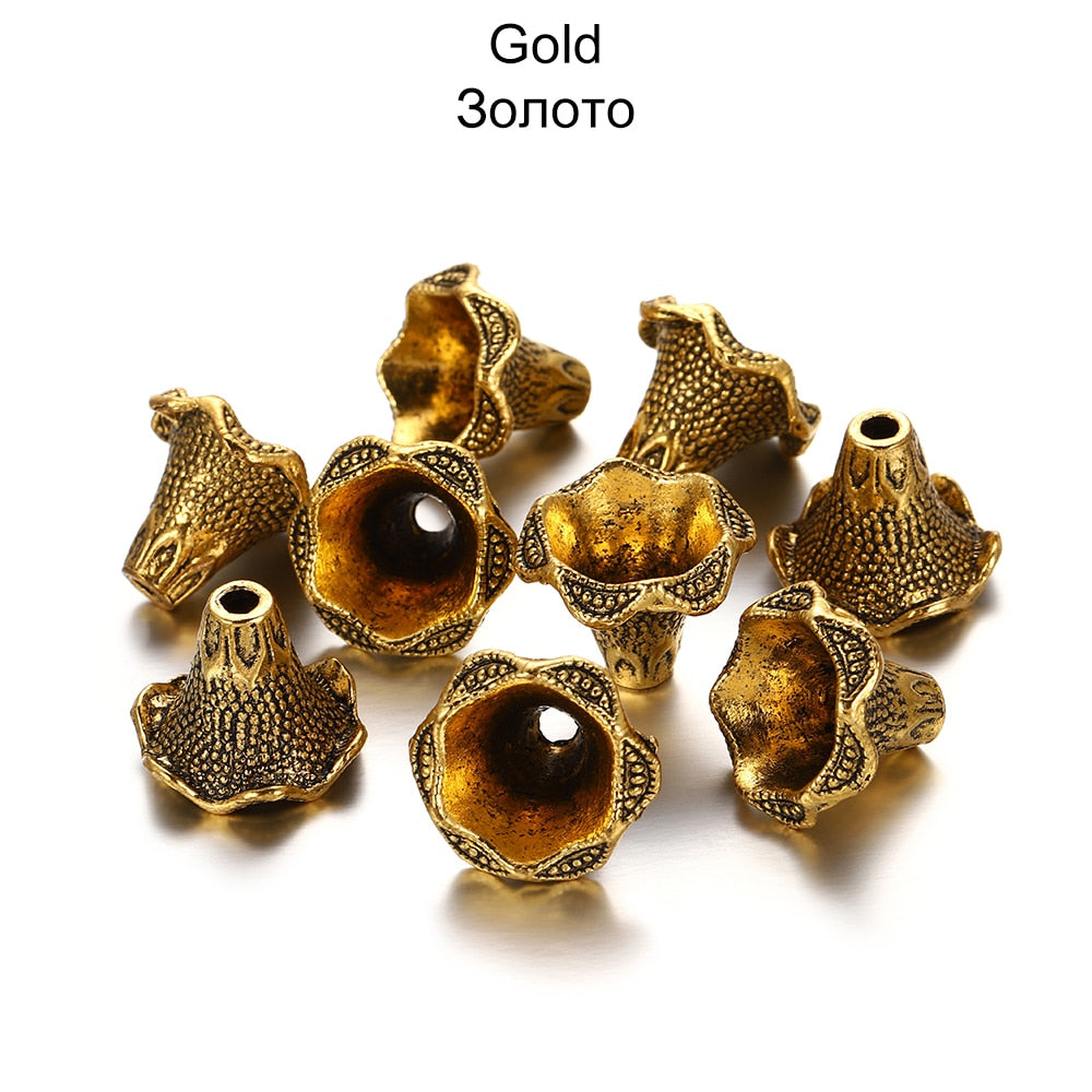 Gold Alloy Hollow Flower Bead Caps, 2 Pcs