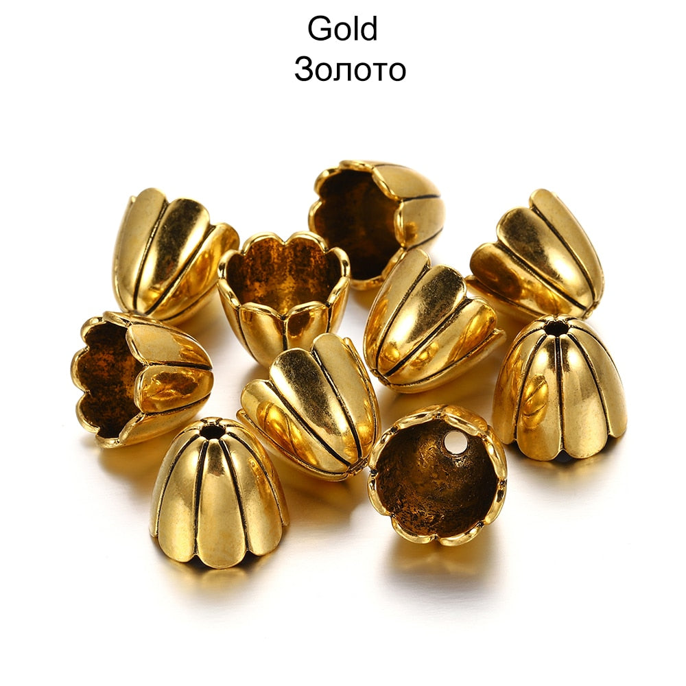 Gold Alloy Hollow Flower Bead Caps, 2 Pcs