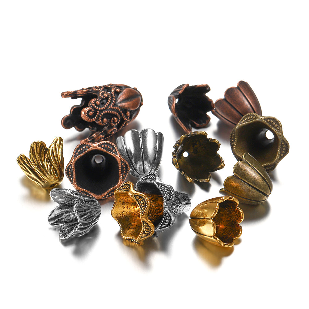 Gold Alloy Hollow Flower Bead Caps, 2 Pcs