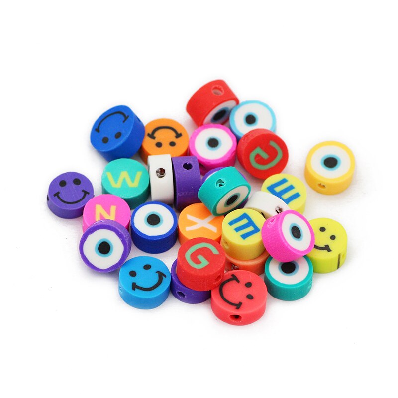 50pcs 10MM Mixed Color Letter & Smile Polymer Clay Beads