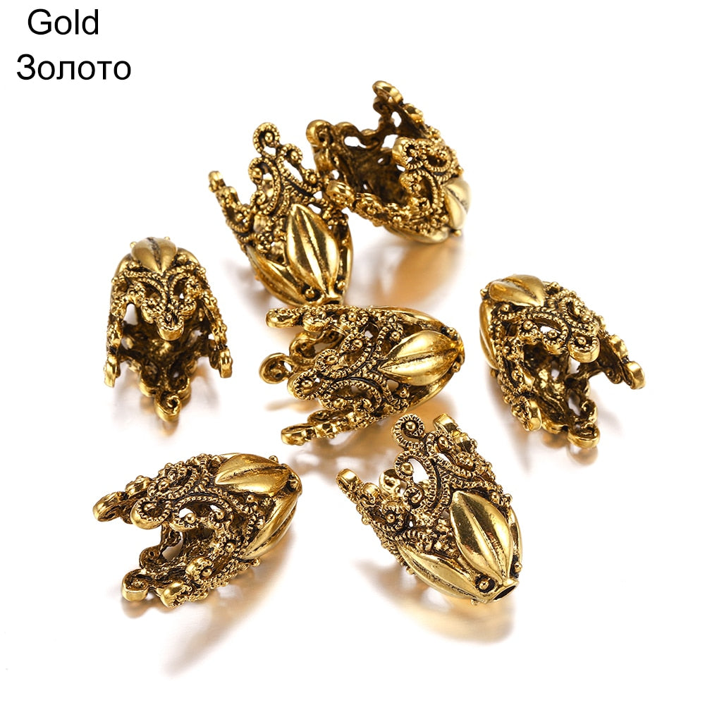 Gold Alloy Hollow Flower Bead Caps, 2 Pcs