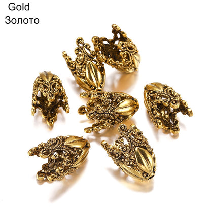 Gold Alloy Hollow Flower Bead Caps, 2 Pcs