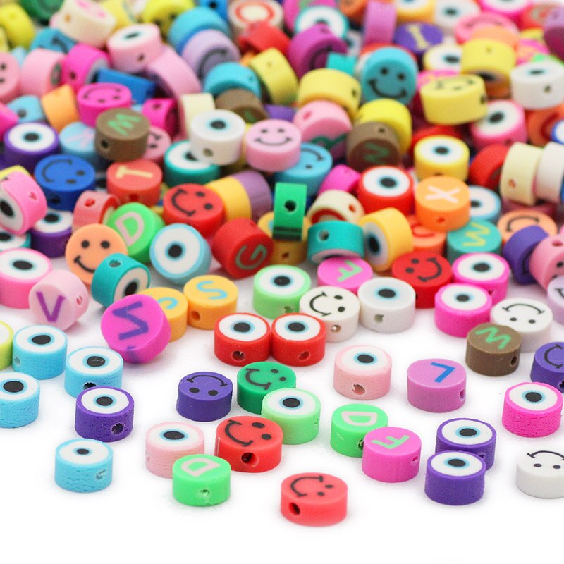 50pcs 10MM Mixed Color Letter & Smile Polymer Clay Beads