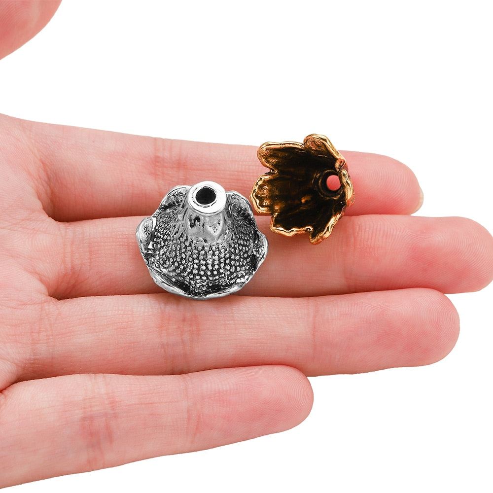 Gold Alloy Hollow Flower Bead Caps, 2 Pcs