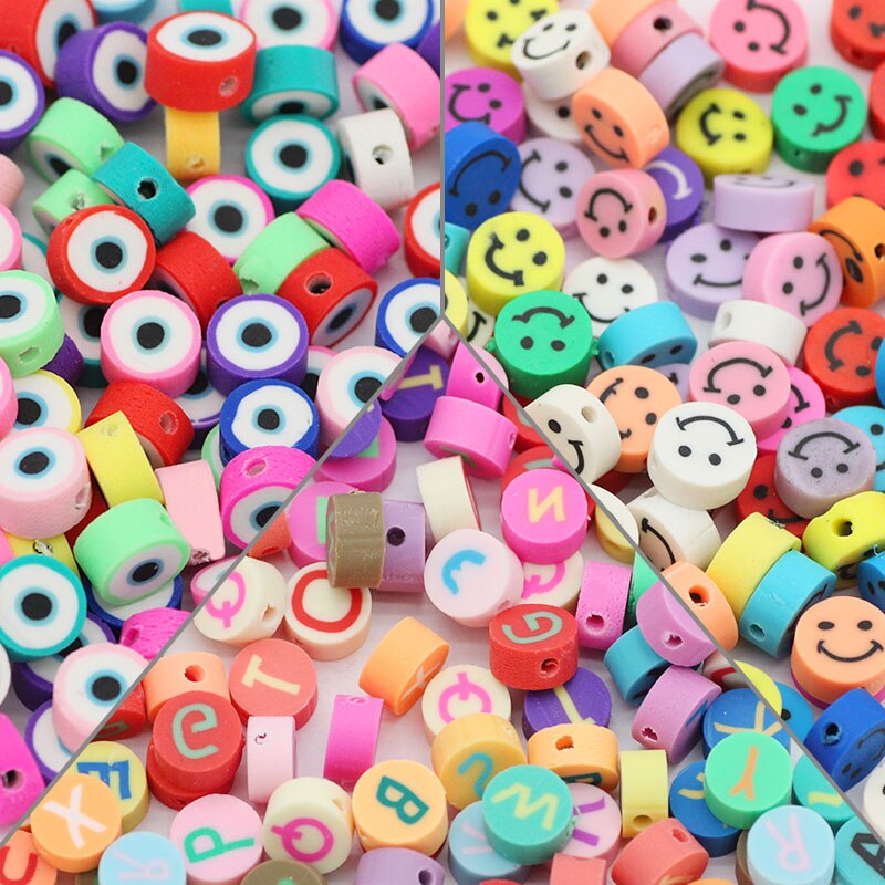 50pcs 10MM Mixed Color Letter & Smile Polymer Clay Beads