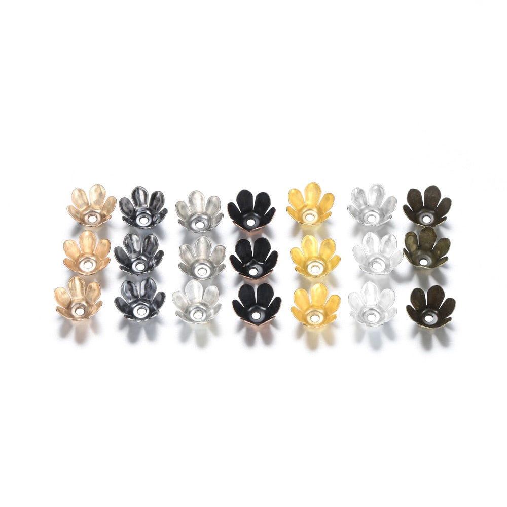 Gold Bronze 6-Leaf Flower Bead Caps, 50pcs