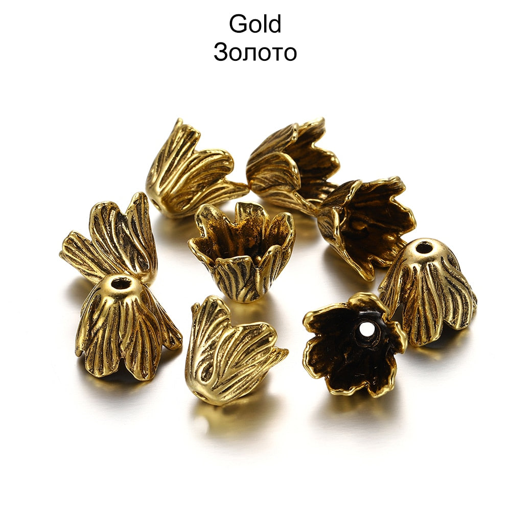 Gold Alloy Hollow Flower Bead Caps, 2 Pcs