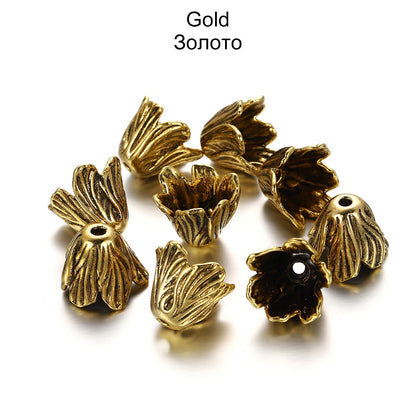 Gold Alloy Hollow Flower Bead Caps, 2 Pcs