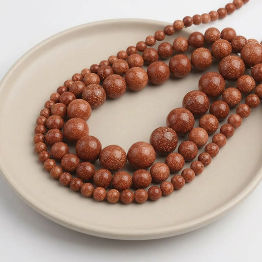 Gold sandstone beads round brown stone strand with gold sparkles