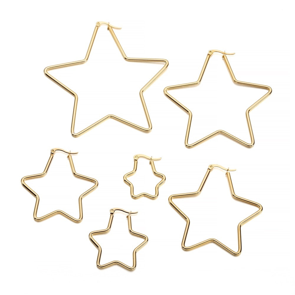 Gold Stainless Steel Earrings: Star, Square, Heart, 6Pcs