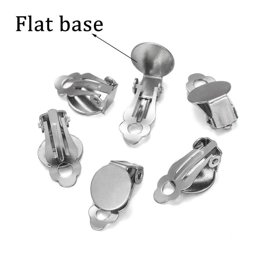 8-14mm Stainless Steel Round Flat Ear Clip Base, 10pcs