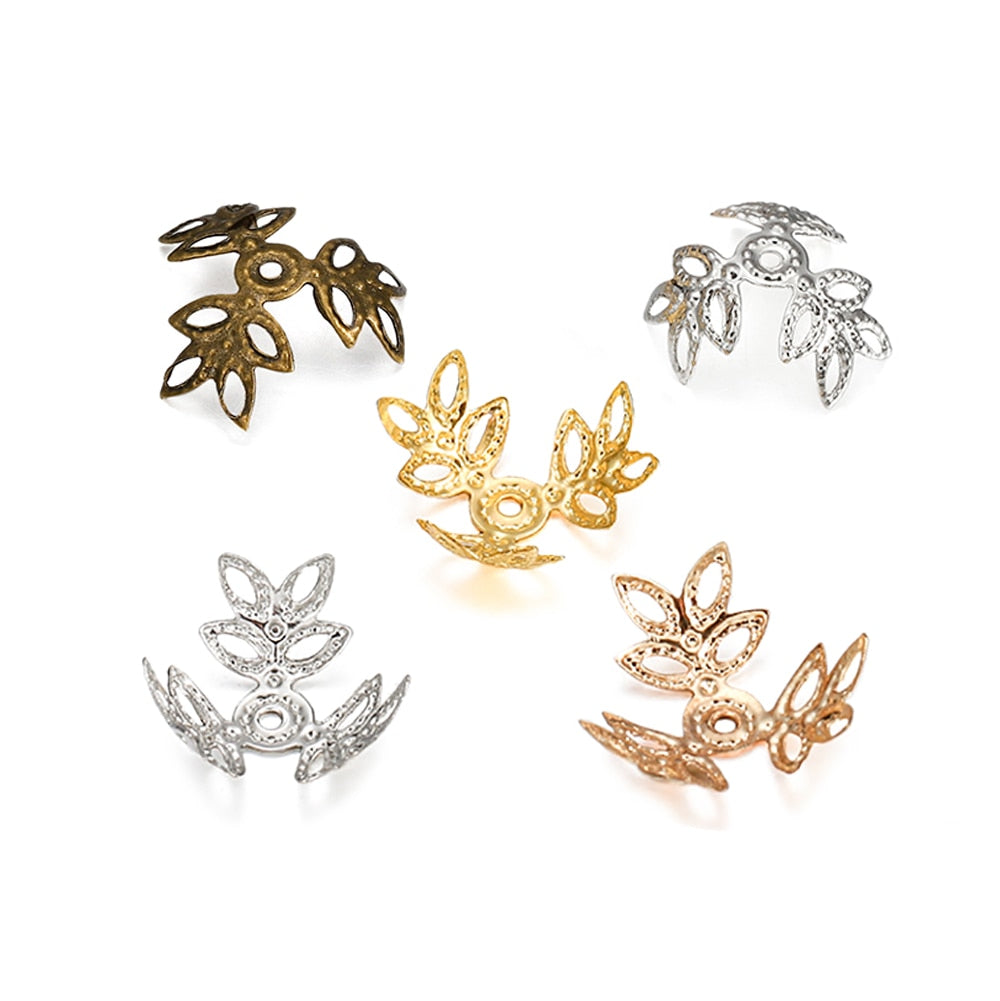 16x16mm KC Gold Triple Leaves Spacer Bead Caps, 100pcs