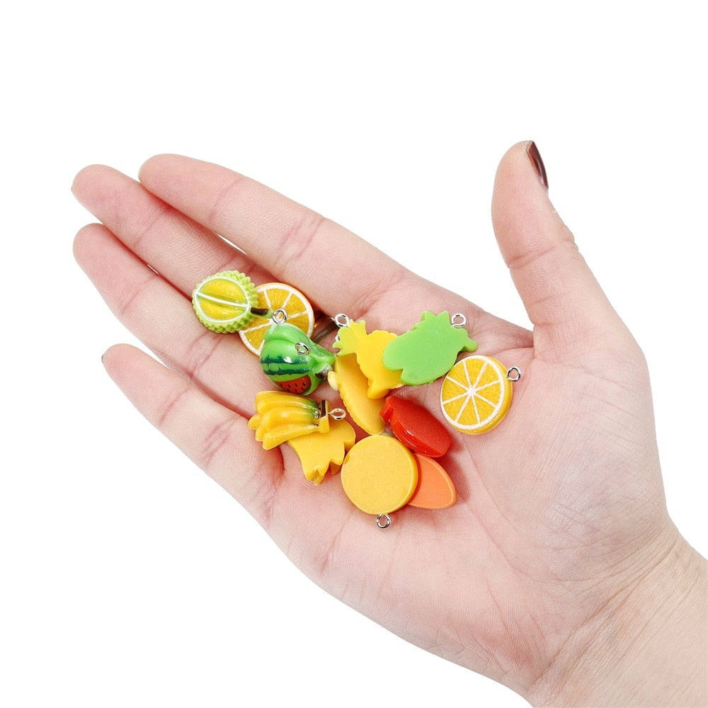 Mixed Fruits Resin Keychain Pendants, 10Pcs