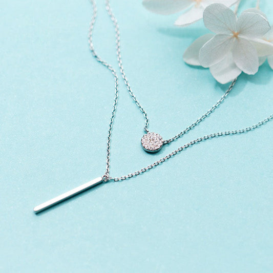 Silver Zircon Disc Geometric Pendant Necklace