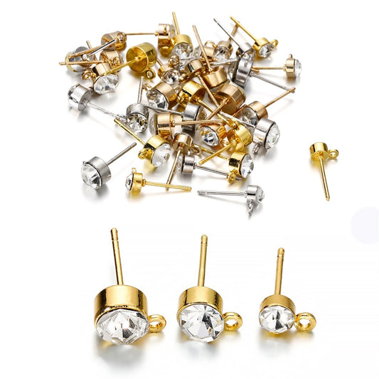 Clear Rhinestone Earring Posts 4-6mm with Loop, 50pcs