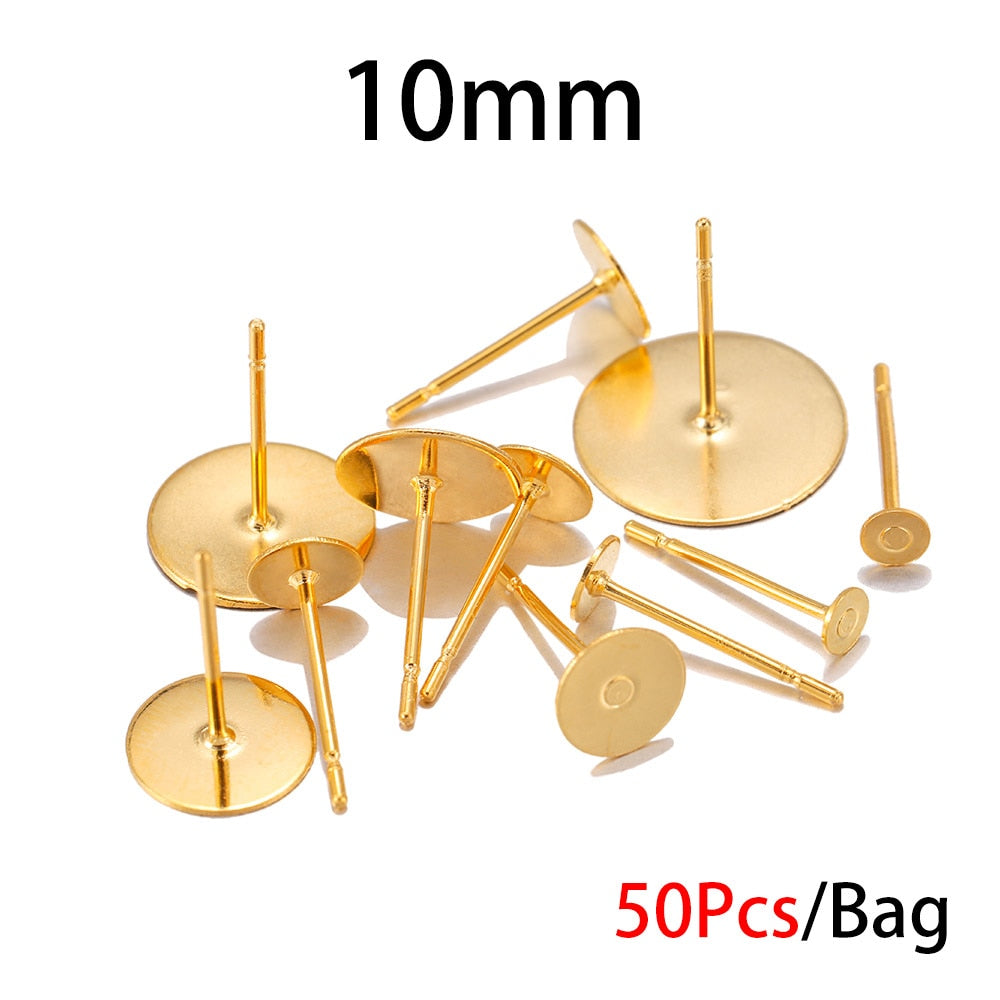 Base de clou de boucle d'oreille en acier inoxydable doré de 3 à 8 mm, 50 pièces
