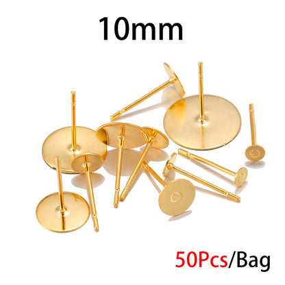 Base de clou de boucle d'oreille en acier inoxydable doré de 3 à 8 mm, 50 pièces