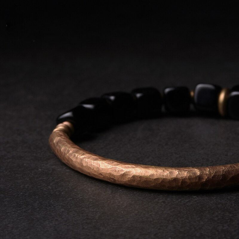 Bracelet made of Cubic Black Obsidian Beads with Antique copper