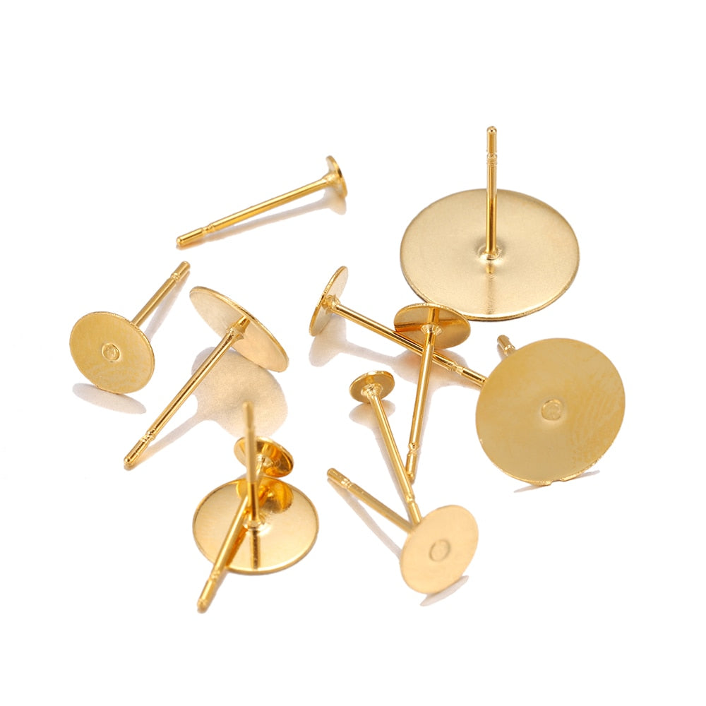 Base de clou de boucle d'oreille en acier inoxydable doré de 3 à 8 mm, 50 pièces