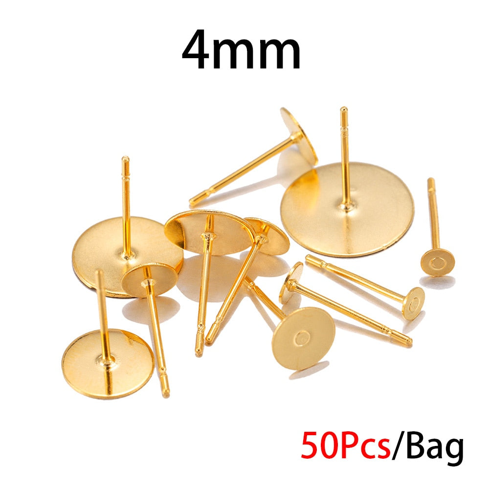 Base de clou de boucle d'oreille en acier inoxydable doré de 3 à 8 mm, 50 pièces