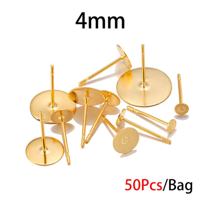 Base de clou de boucle d'oreille en acier inoxydable doré de 3 à 8 mm, 50 pièces