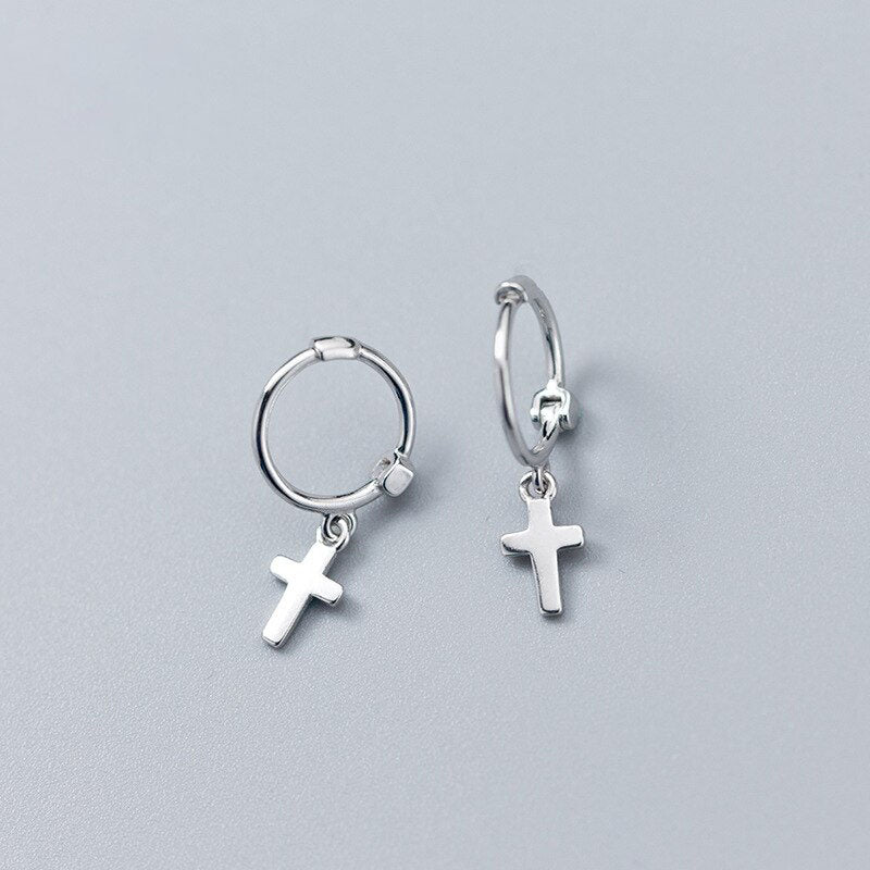 Classic Cross Silver Hoop Earrings