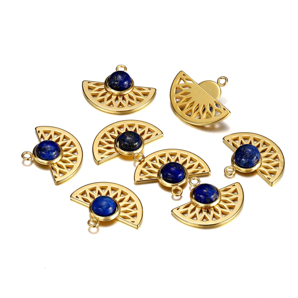 Stainless Steel Natural Stone Fan Shape Pendant, 5Pcs
