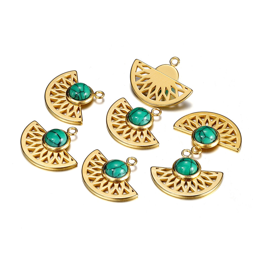 Stainless Steel Natural Stone Fan Shape Pendant, 5Pcs