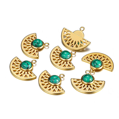 Stainless Steel Natural Stone Fan Shape Pendant, 5Pcs
